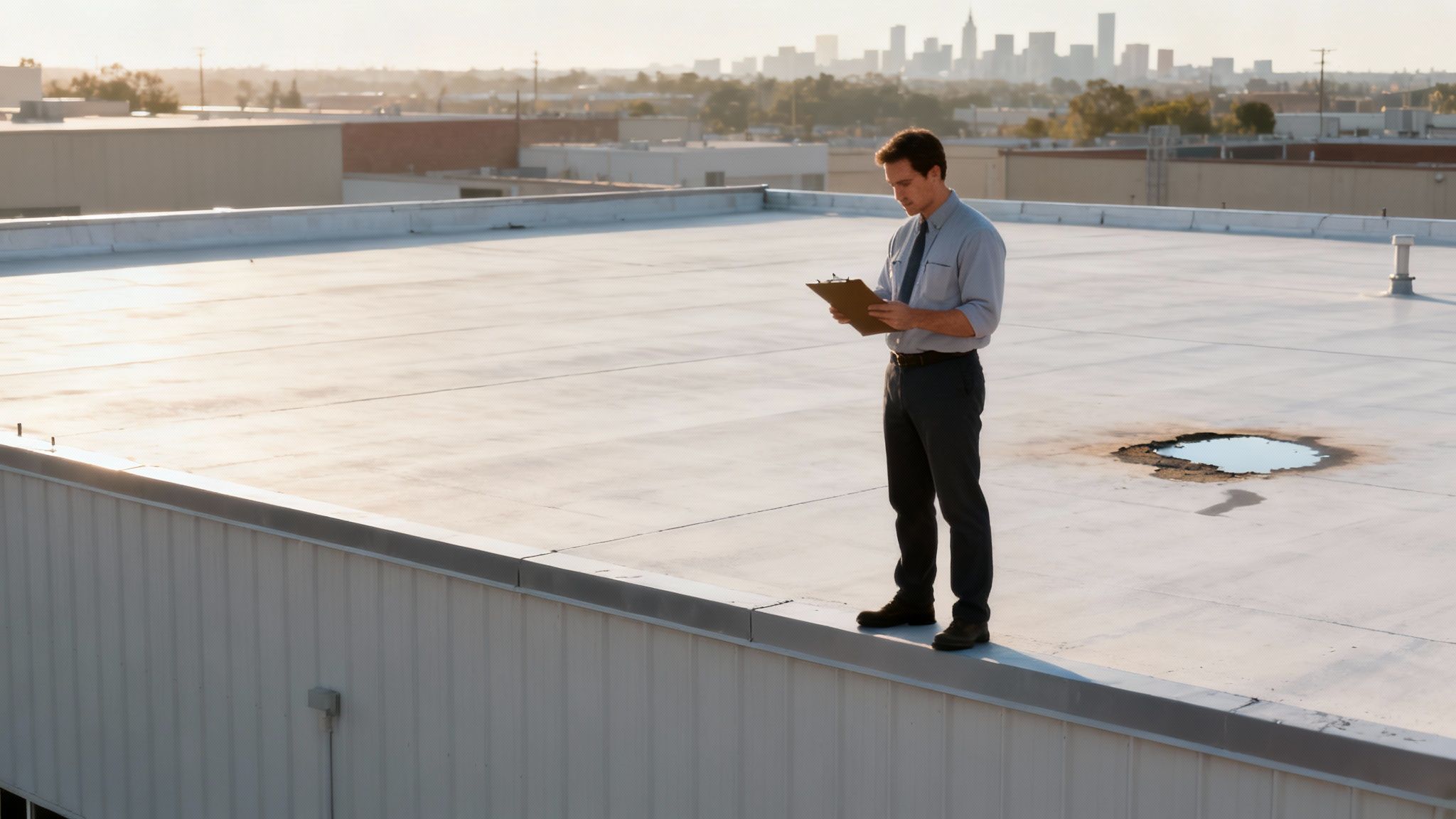 Professional inspector examining commercial rooftop with clipboard conducting maintenance assessment at sunrise