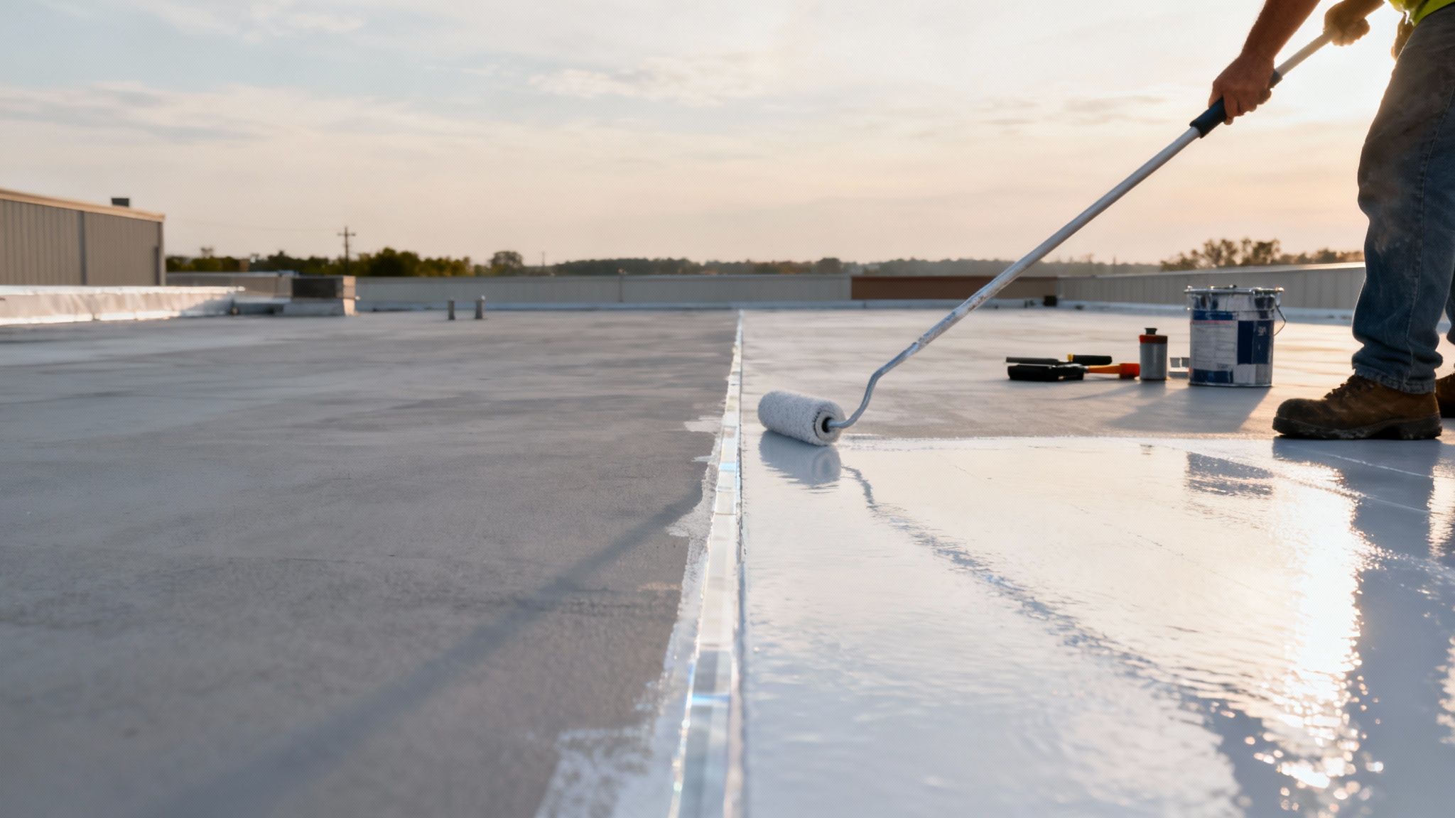 Worker applying white waterproof coating on commercial flat roof with roller during maintenance