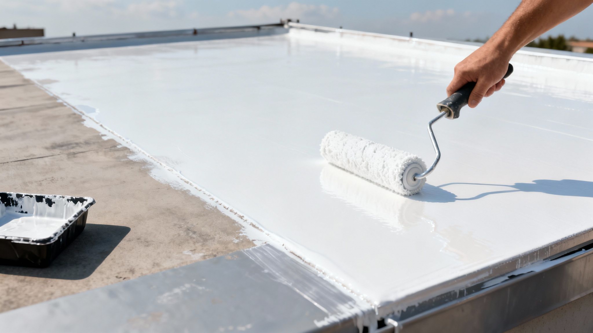A person applies white liquid waterproofing or reflective coating to a flat roof with a roller.