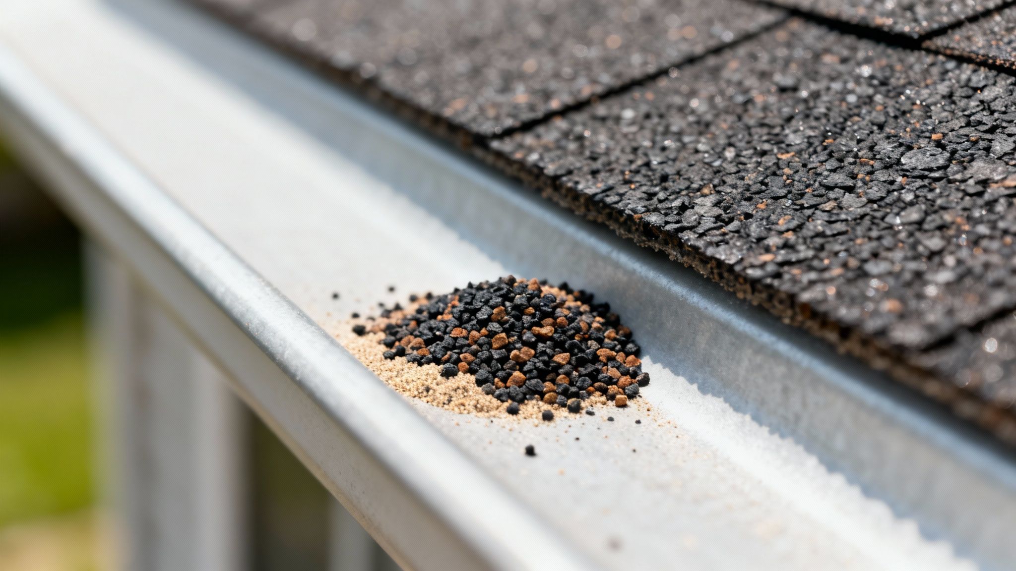 A close-up view of asphalt shingles, showing the texture and color of the granules.