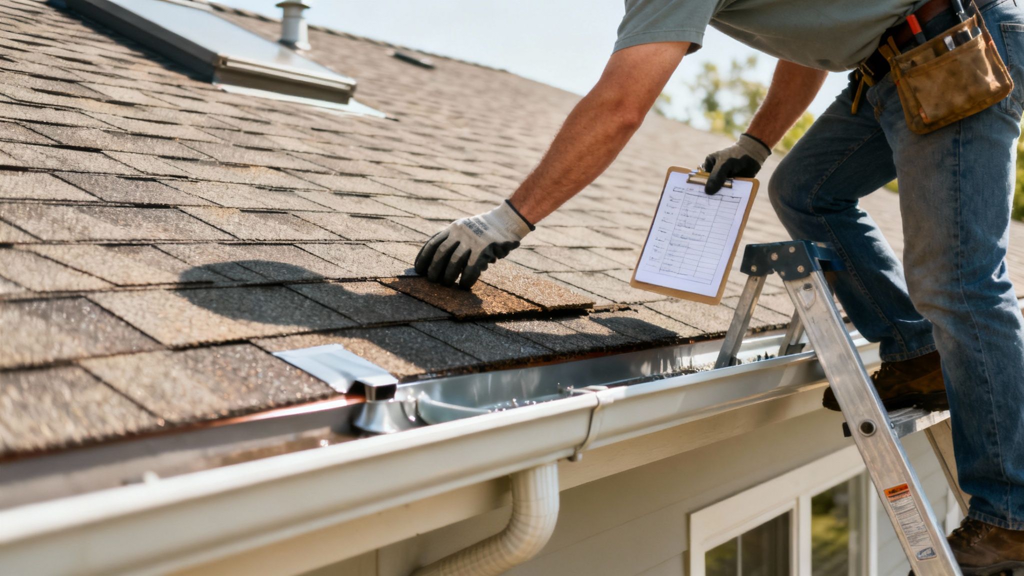 A professional roofer in safety gear conducting a thorough inspection on a residential asphalt shingle roof.