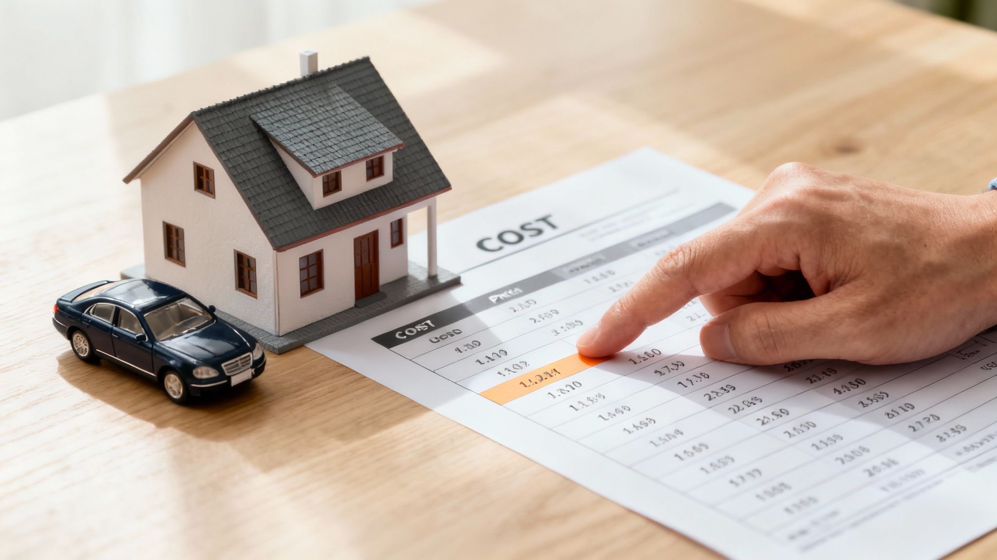 A person calculates costs for a house and car on a financial document, highlighting a specific figure.