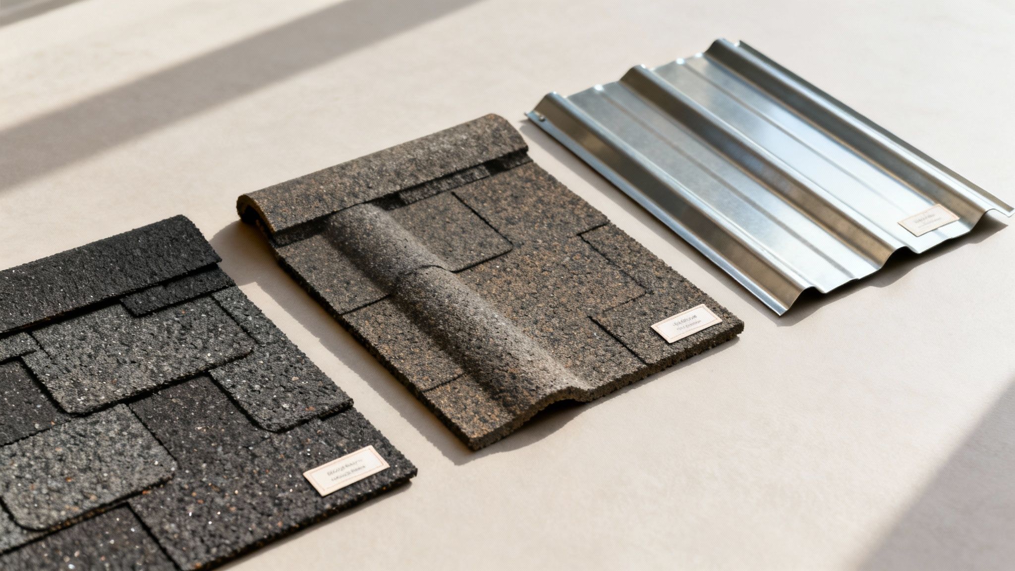 Three samples of various roofing materials: dark asphalt shingles, brown asphalt shingles, and corrugated metal.