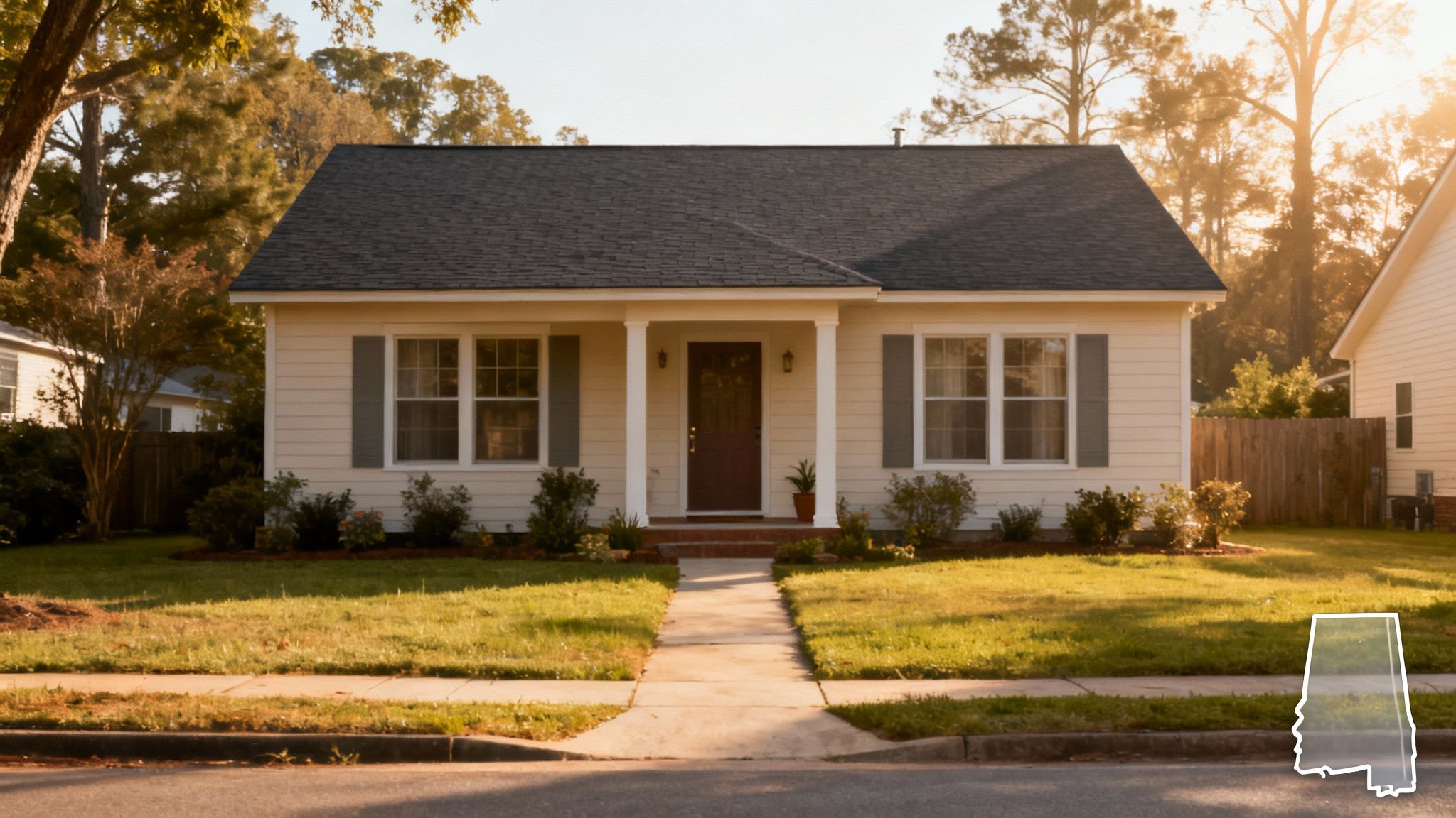 A cozy single-story house with a new dark gray roof and yellow siding in Alabama.