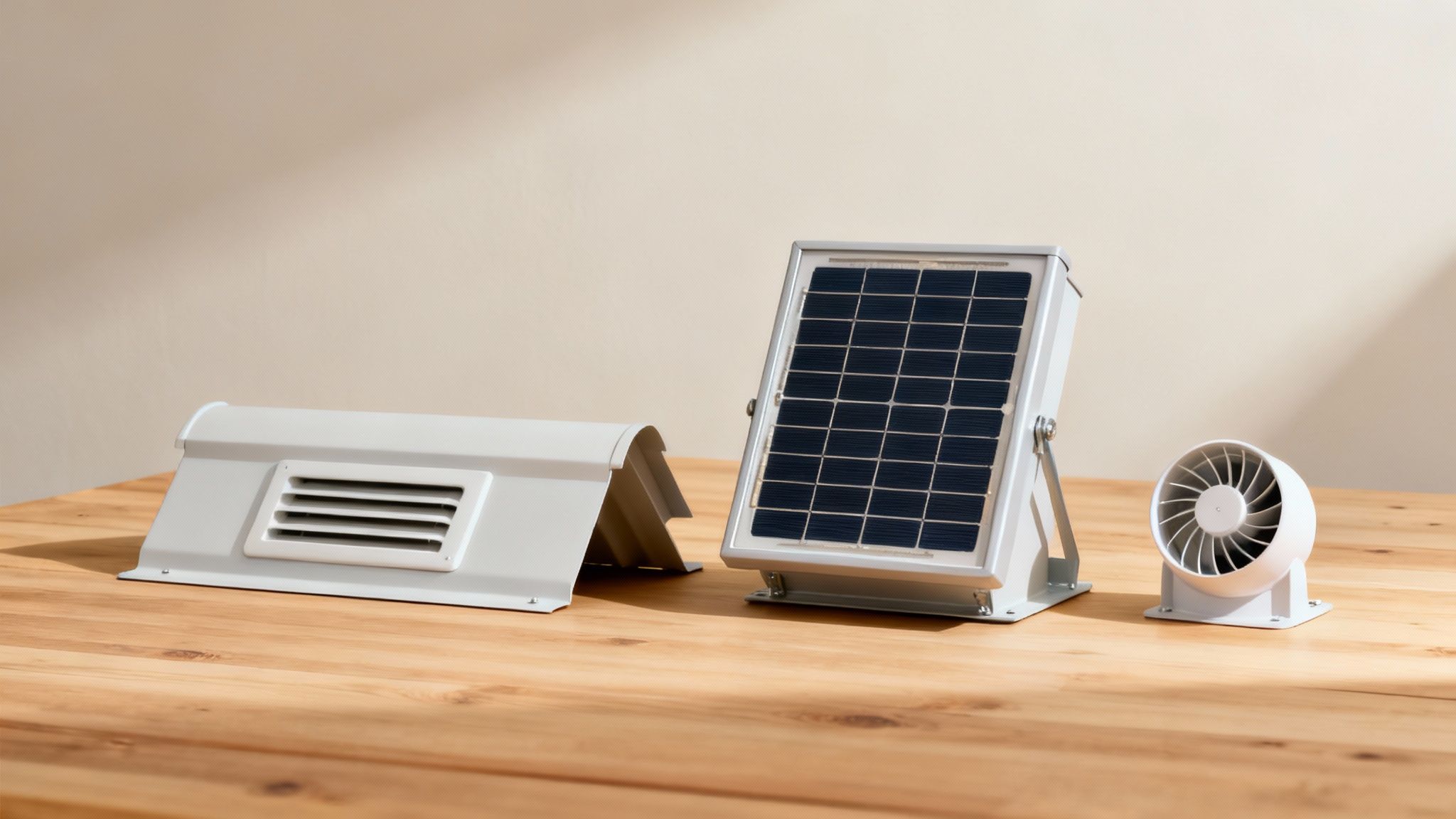 Various attic ventilation products displayed on a wooden background