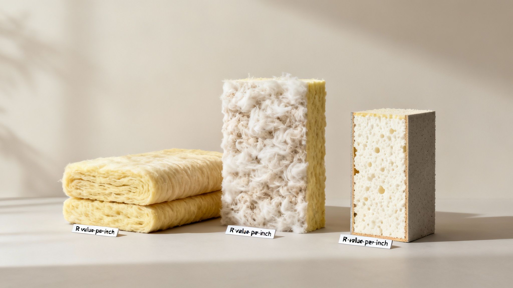 A close-up view of different insulation materials, including fiberglass, cellulose, and spray foam.
