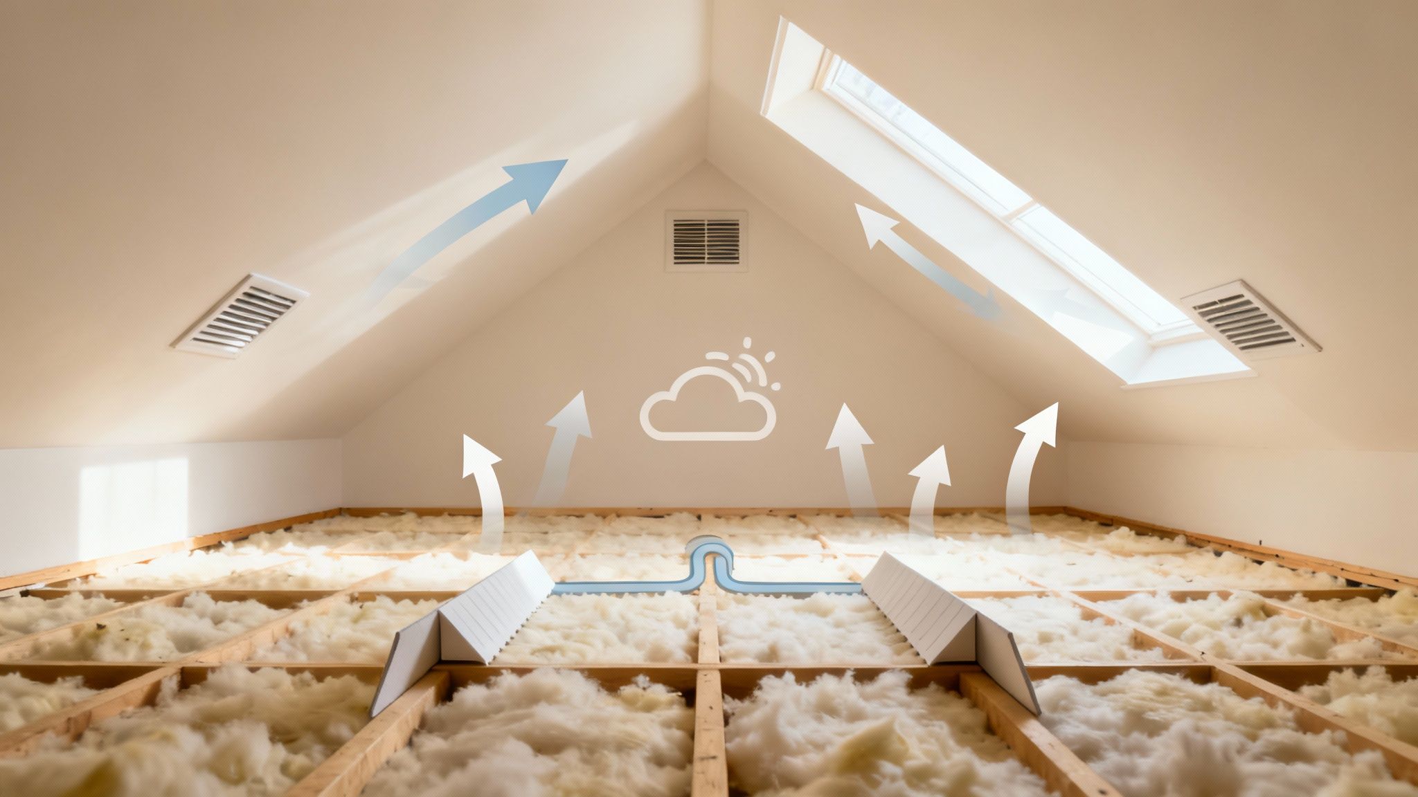 Well-ventilated attic showing soffit vents and clear airflow paths.