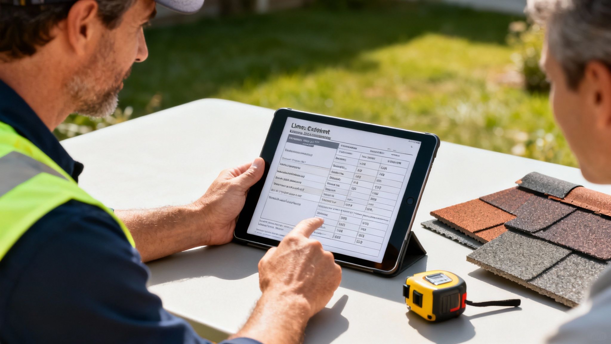 Two men discuss roofing options, looking at a tablet with data and examining shingle samples outdoors.
