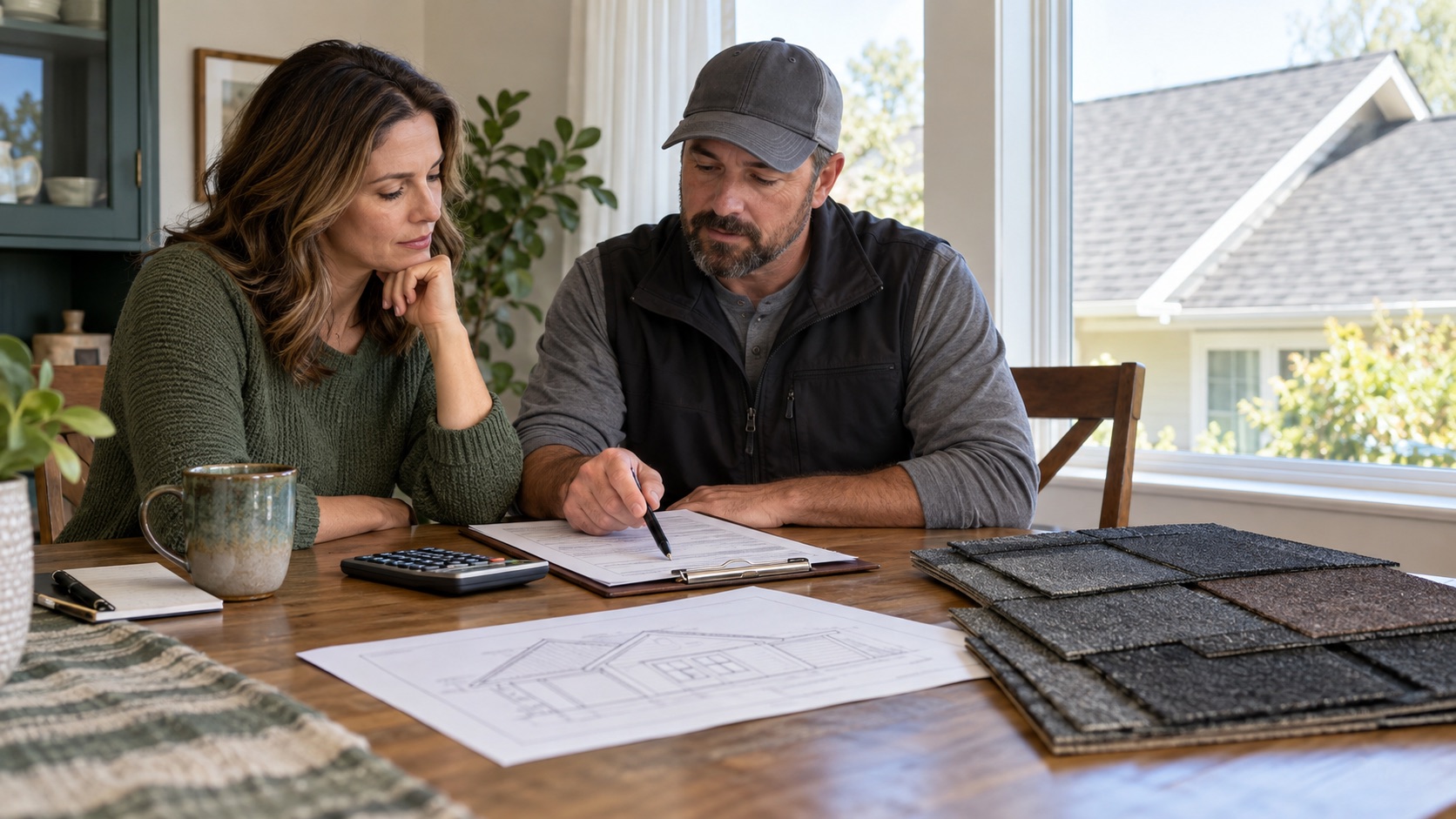 Homeowner reviewing a roof estimate and shingle samples with a roofing contractor