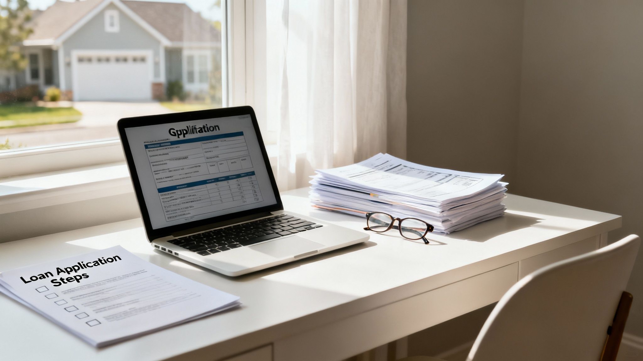 A person sitting at a desk reviewing loan documents and credit reports on a laptop.