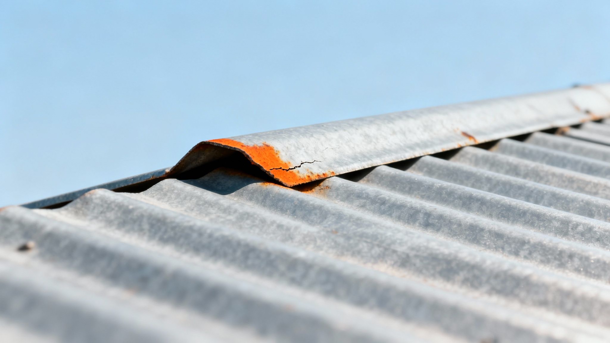 A close-up view of a metal roof with streaks of rust forming on its surface.