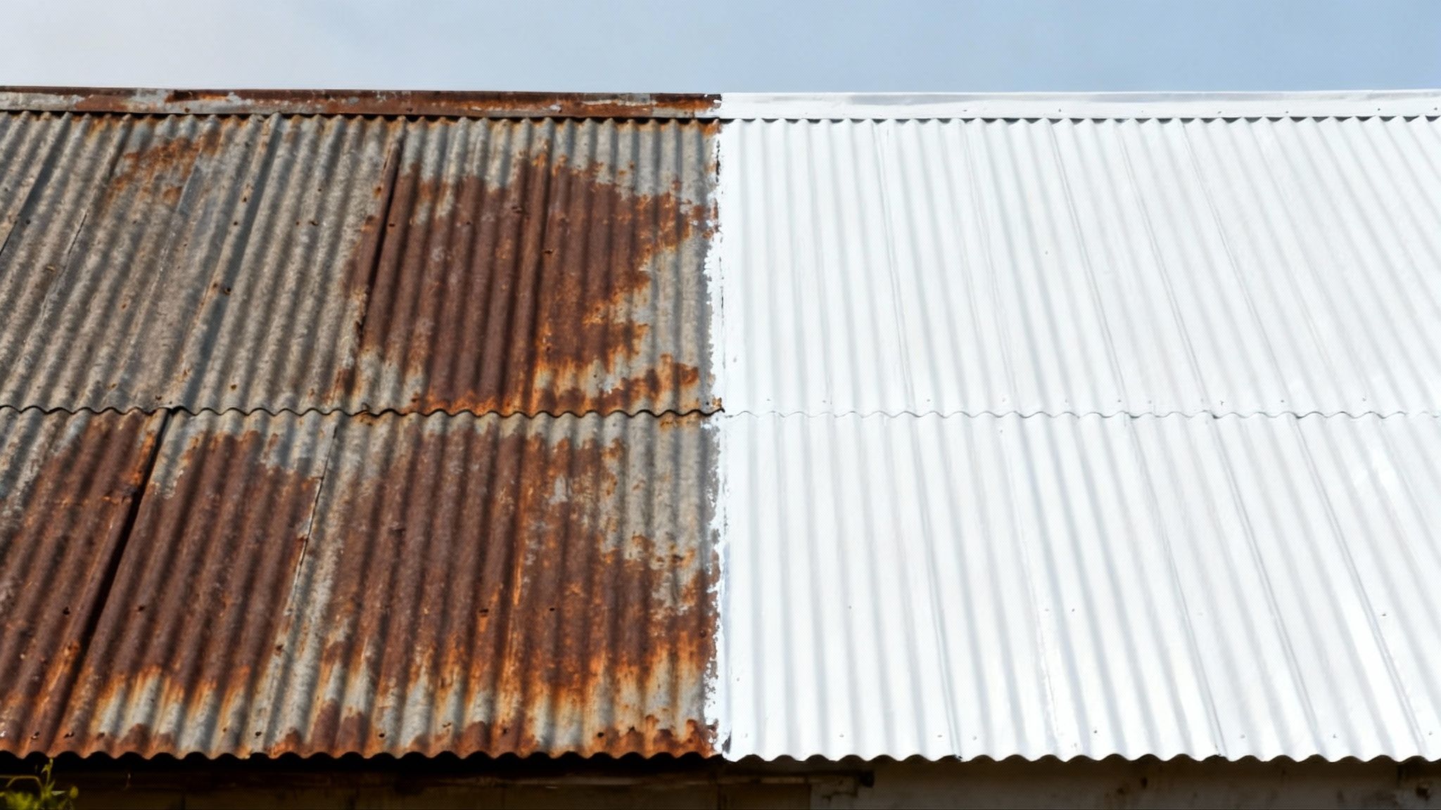 A freshly coated white metal roof reflecting the sun, looking clean and durable.