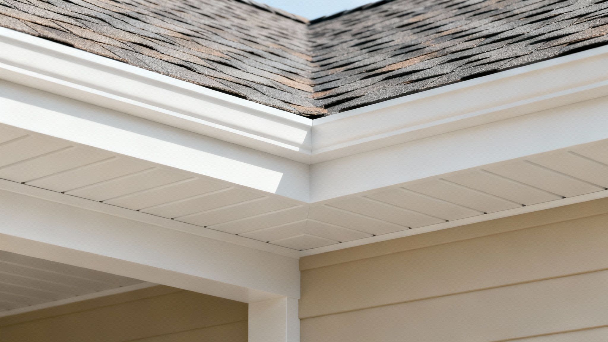 Close-up of a house corner showing asphalt shingle roof, white gutters, soffit, and beige siding.