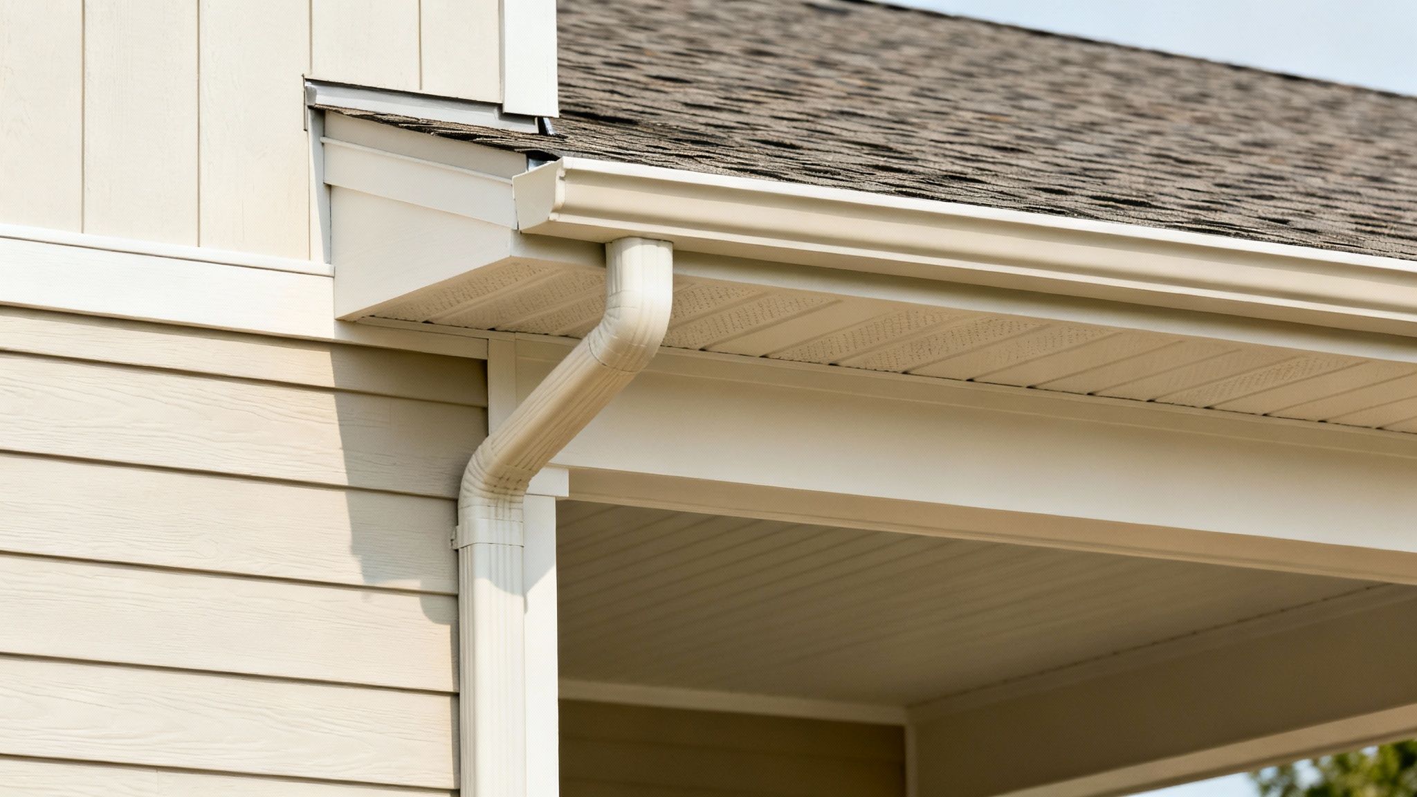 Close-up of a modern house exterior with cream siding, dark roof shingles, and a functional beige gutter system.
