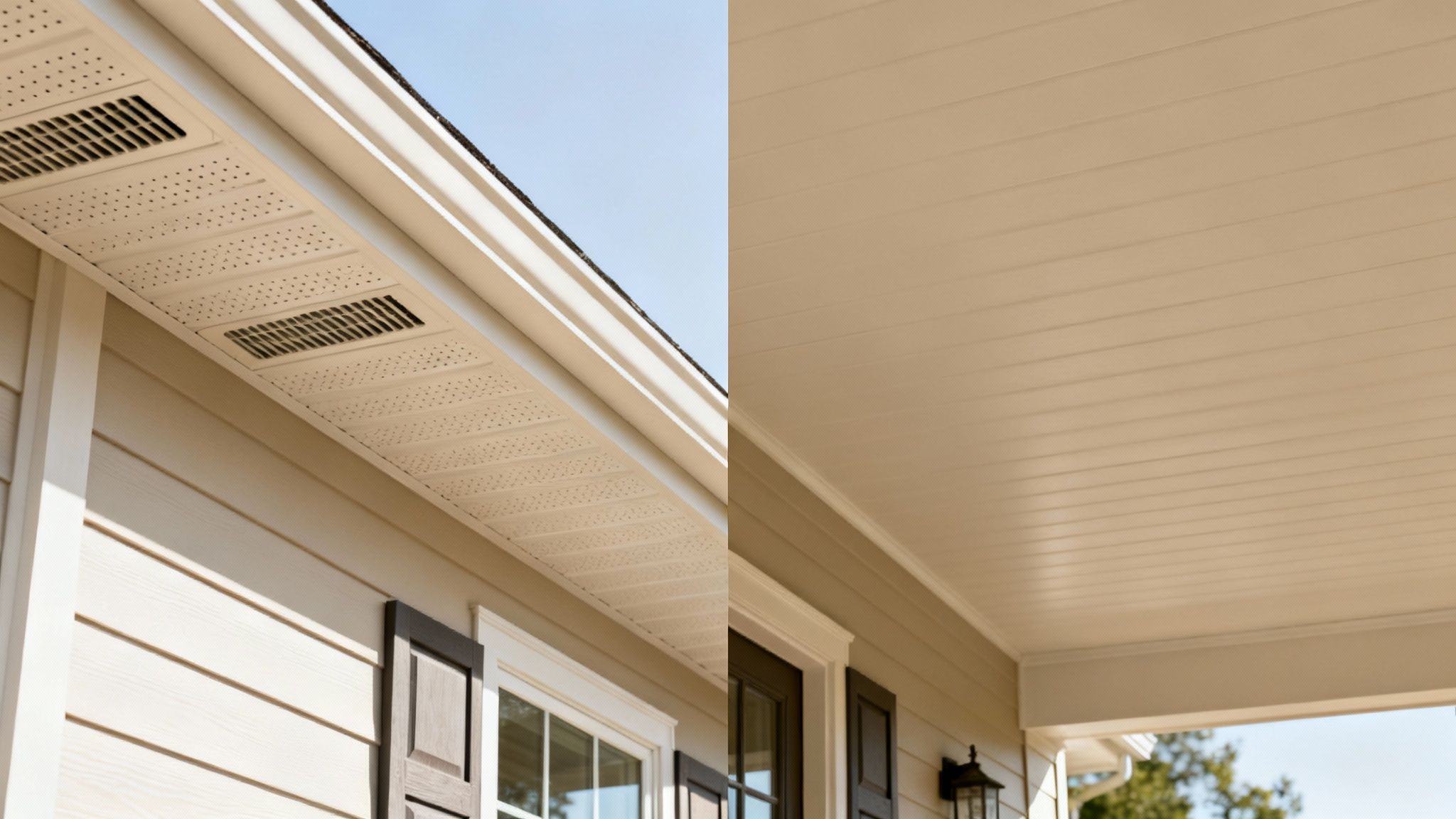 Two close-ups showing beige house soffit with ventilation, siding, and porch ceiling details.