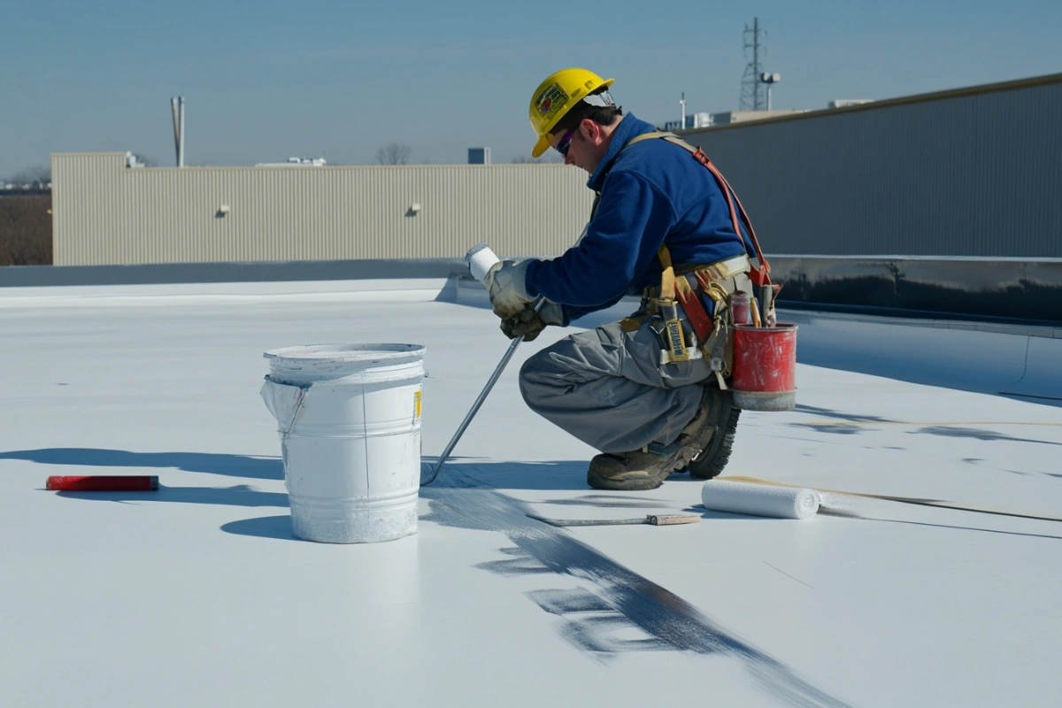 Commercial roofer applying a reflective roof coating