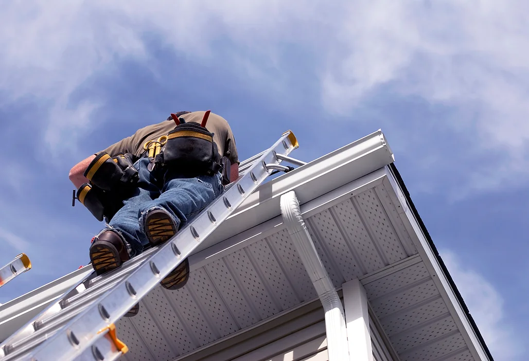 Residential roof edge with gutter and downspout