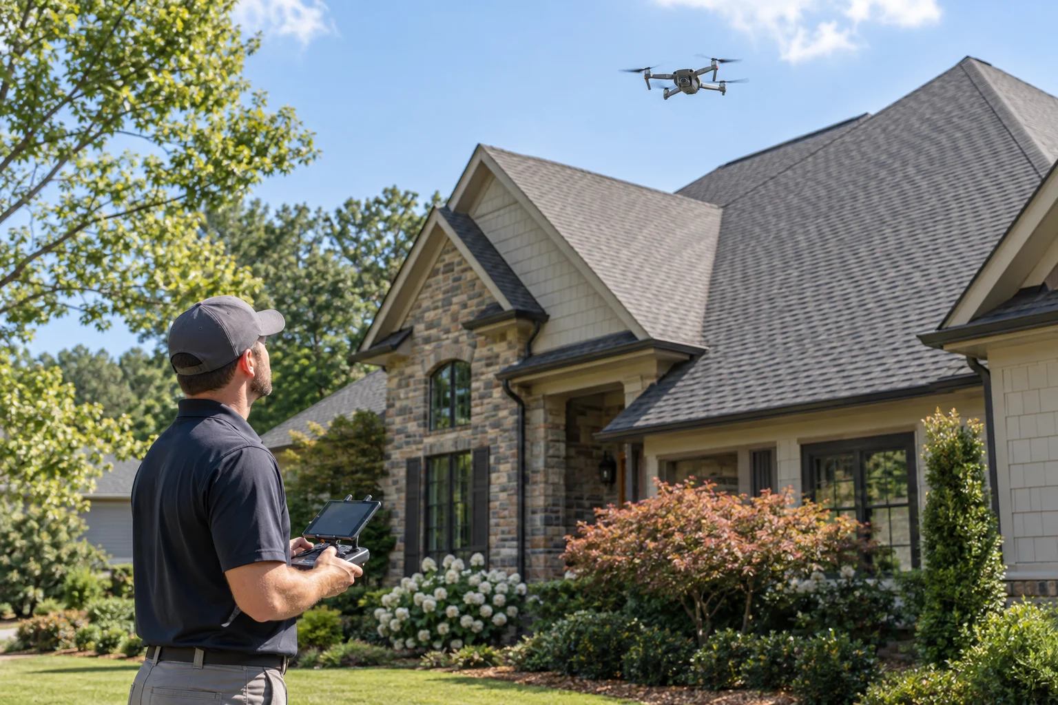 Roof inspector using a drone to examine a Birmingham-area home