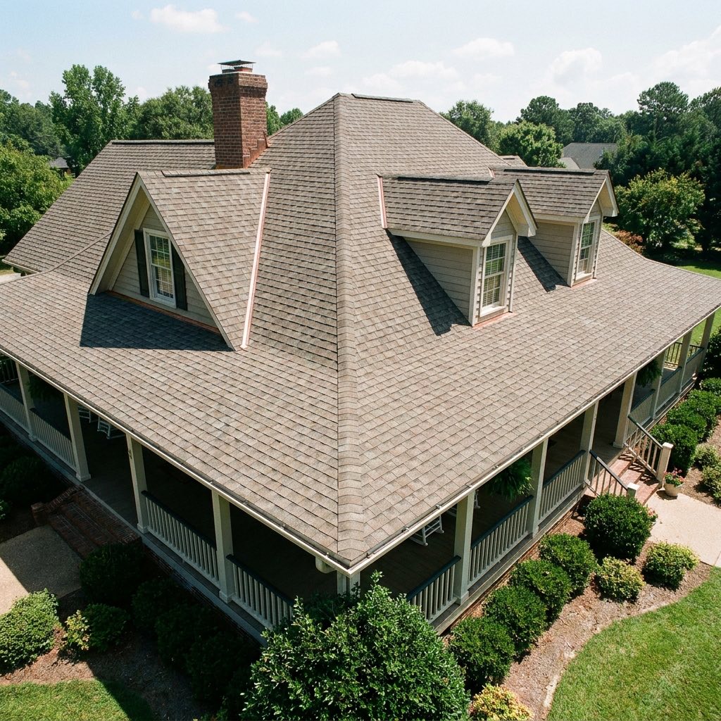 Finished architectural asphalt shingle roof on a Southern home