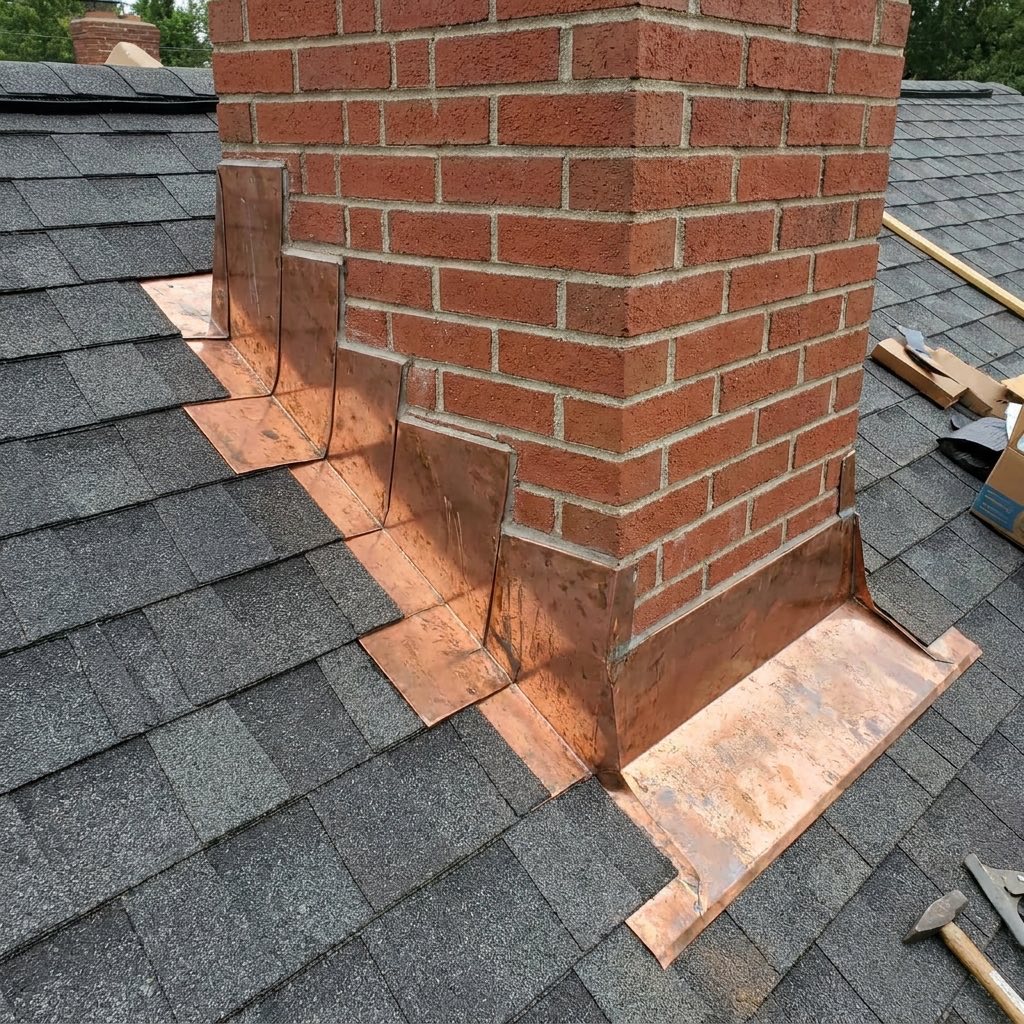 Copper flashing installed around a brick chimney on a shingle roof