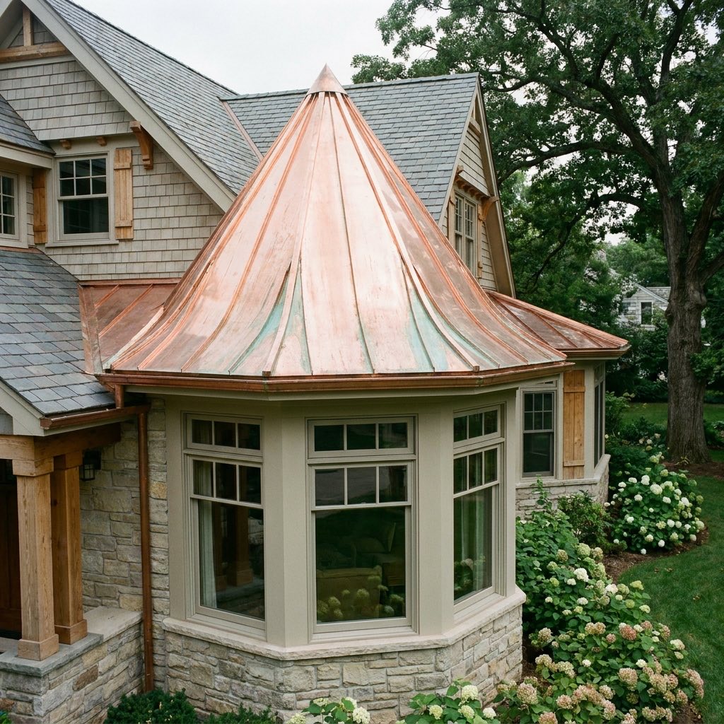 Copper standing seam accent roof on a residential bay window