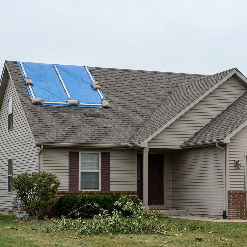 Temporary tarp secured over storm damage on a residential roof