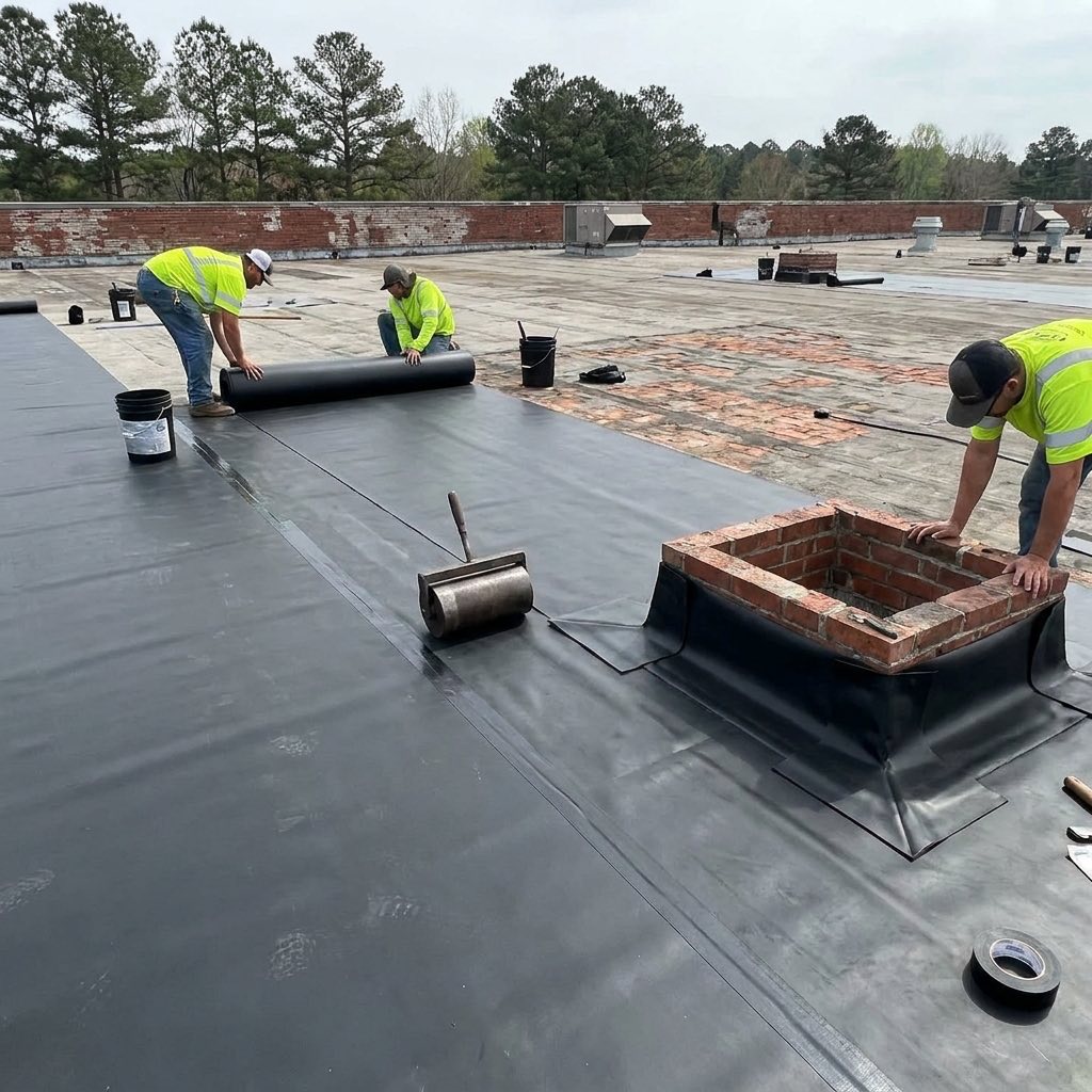 Roofing crew installing black EPDM membrane on a commercial low-slope roof