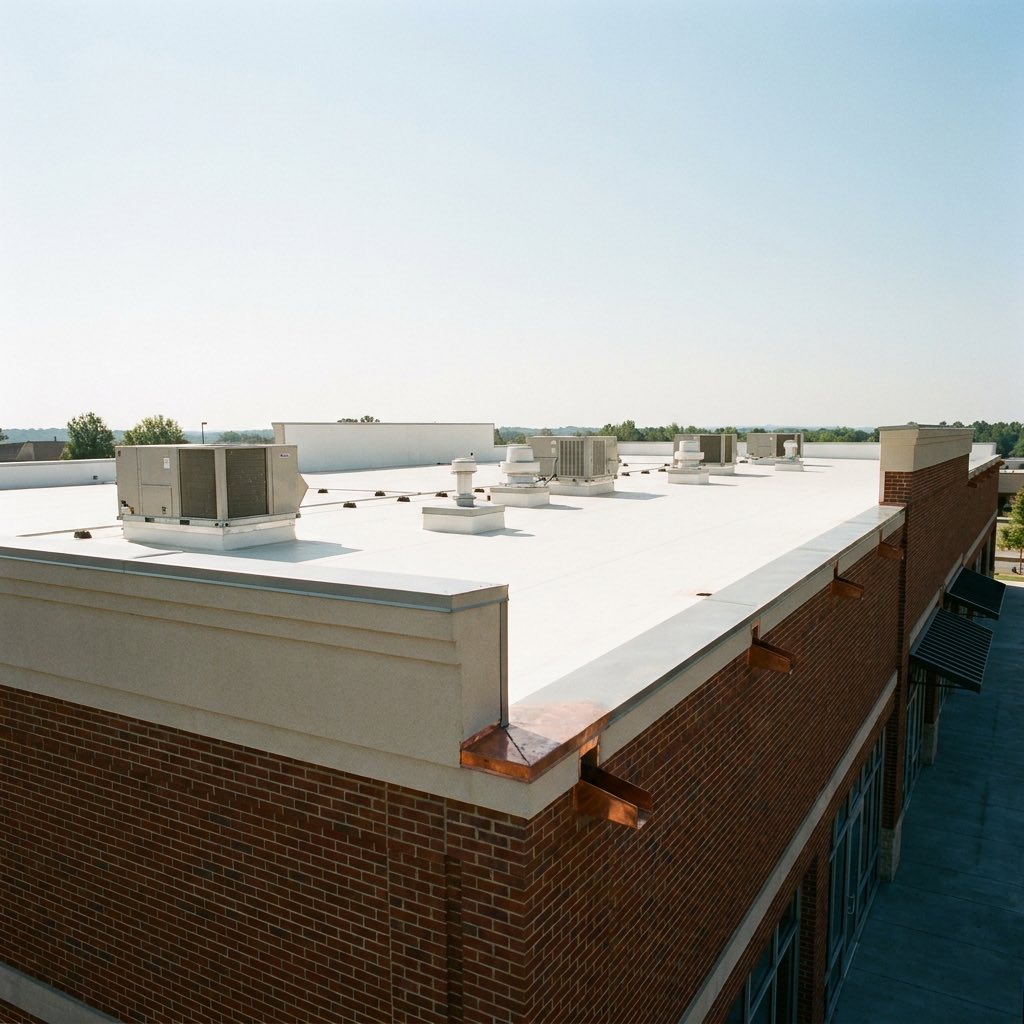 Completed commercial low-slope roof with curbs, vents, and perimeter flashing