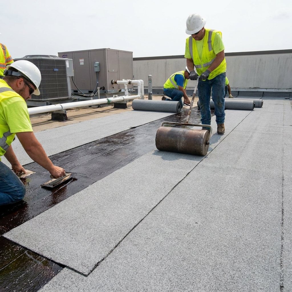Roofing crew installing modified bitumen membrane on a commercial roof