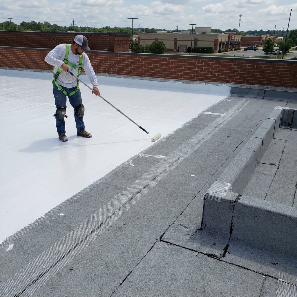 Commercial roofer applying a white reflective coating to a low-slope roof