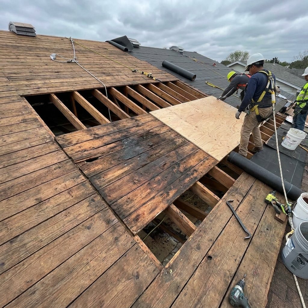 Damaged roof decking being replaced with new structural sheathing