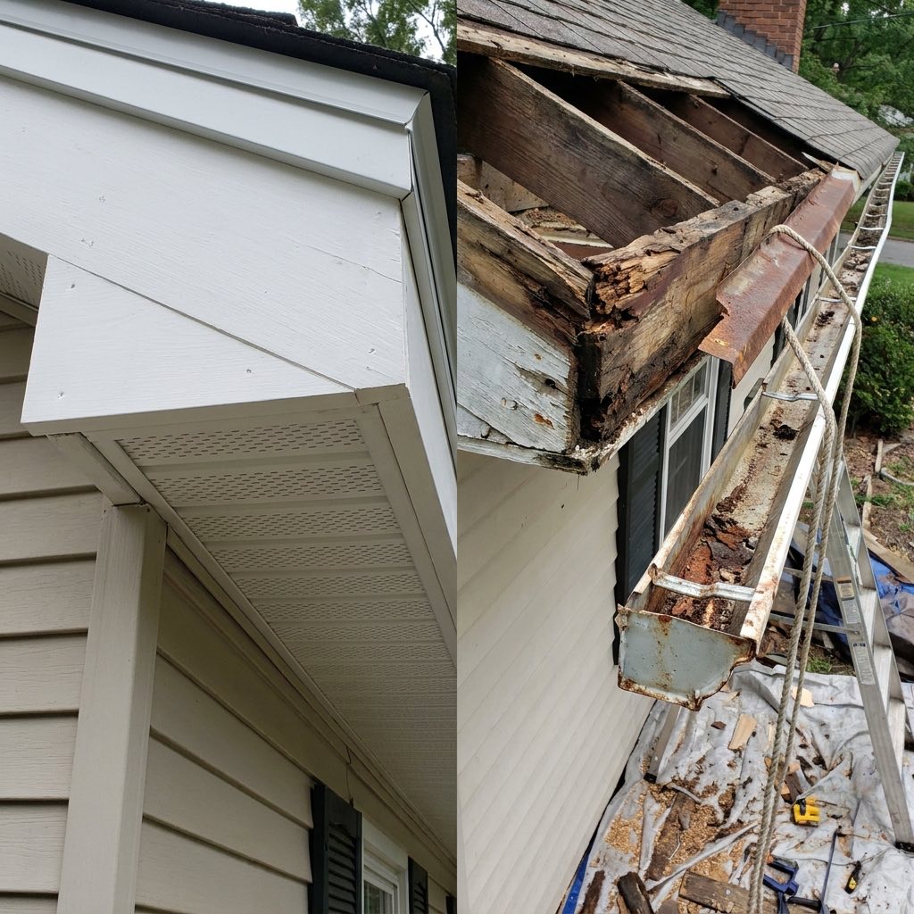 Deteriorated residential roof fascia exposed beside a detached gutter