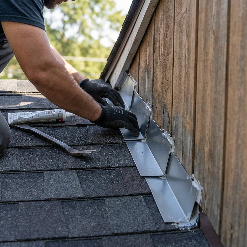 Roof flashing being repaired where shingles meet a vertical wall
