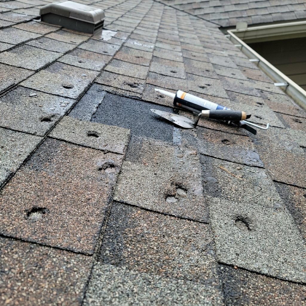 Hail-damaged asphalt shingles prepared for a focused repair