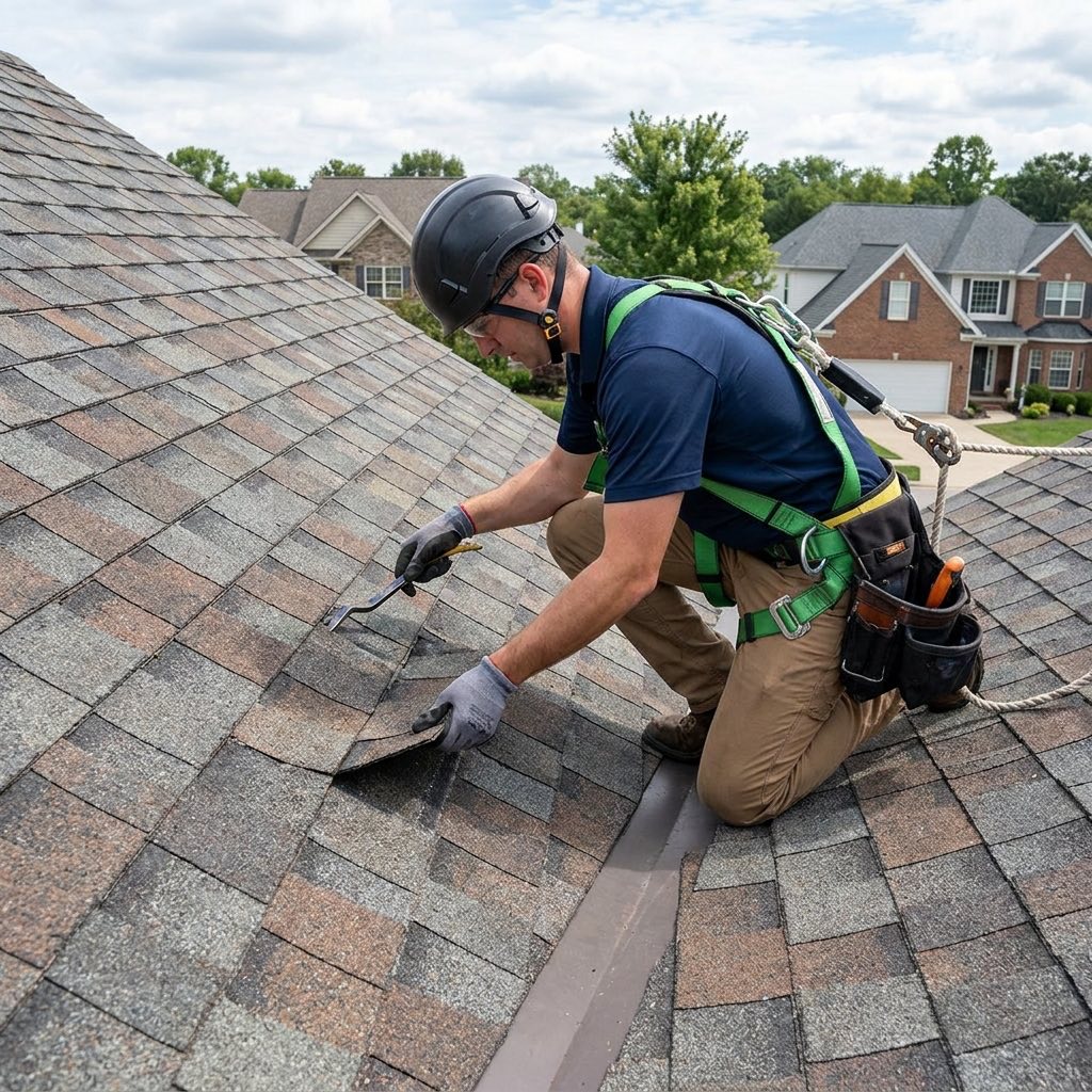 Roof inspector examining architectural shingles on a residential roof