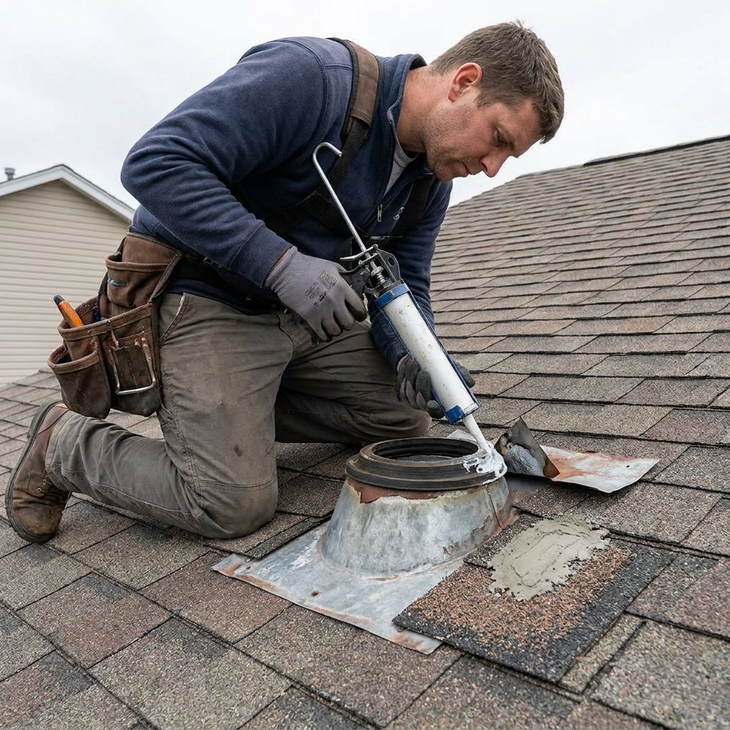 Roofing professional repairing a leak near a roof penetration