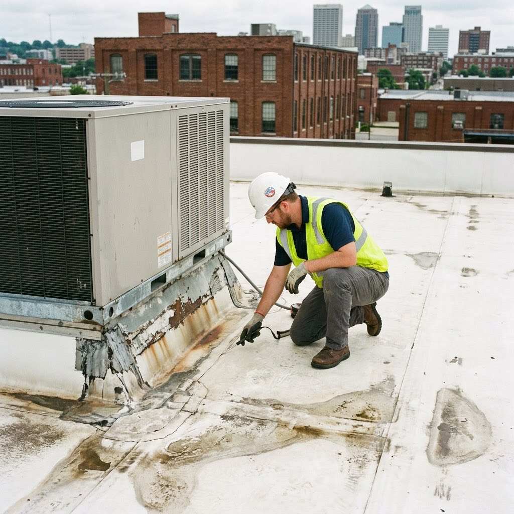 Roofing professional inspecting flashing around commercial rooftop equipment