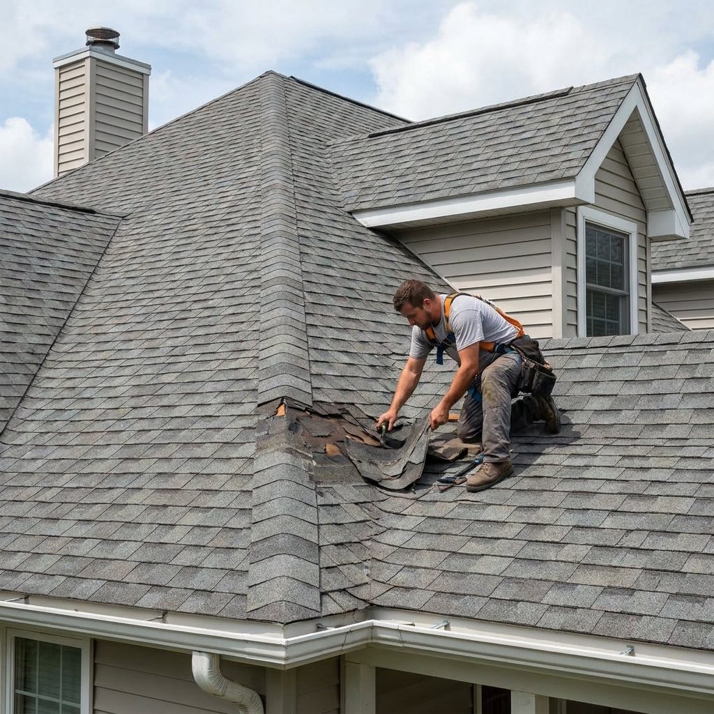 Roofing professional repairing a damaged section of an asphalt shingle roof