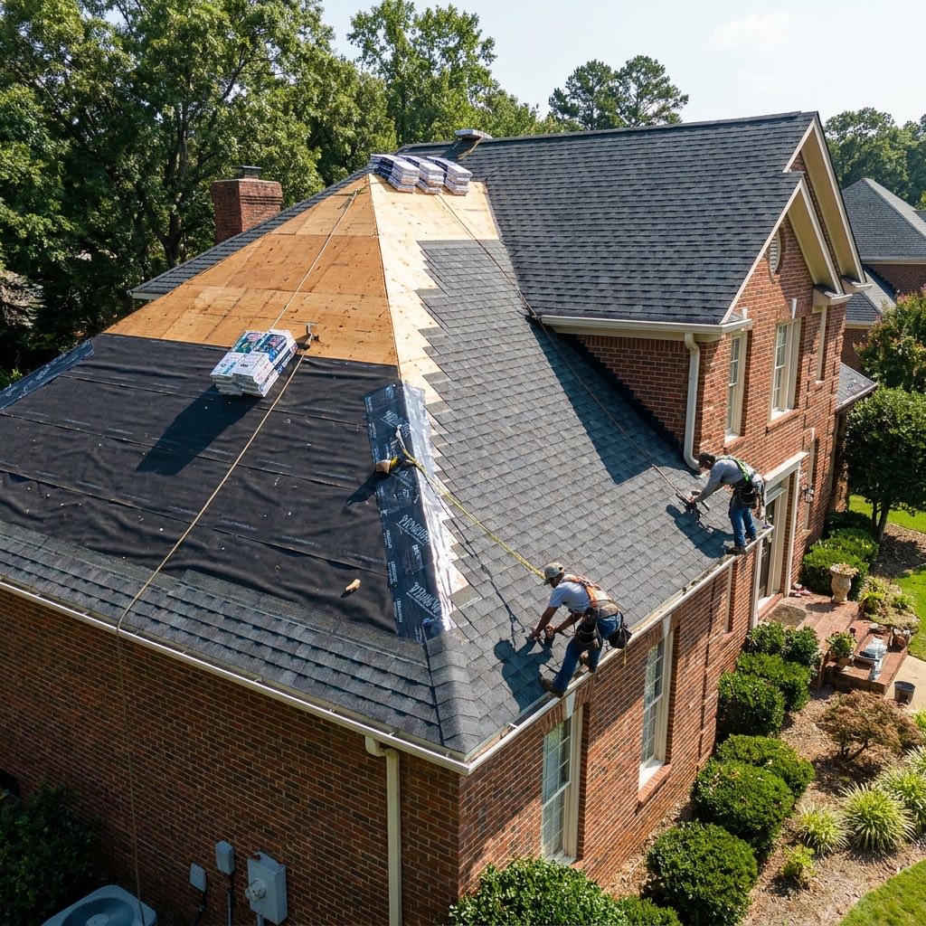 Asphalt shingle roof replacement in progress on a brick home
