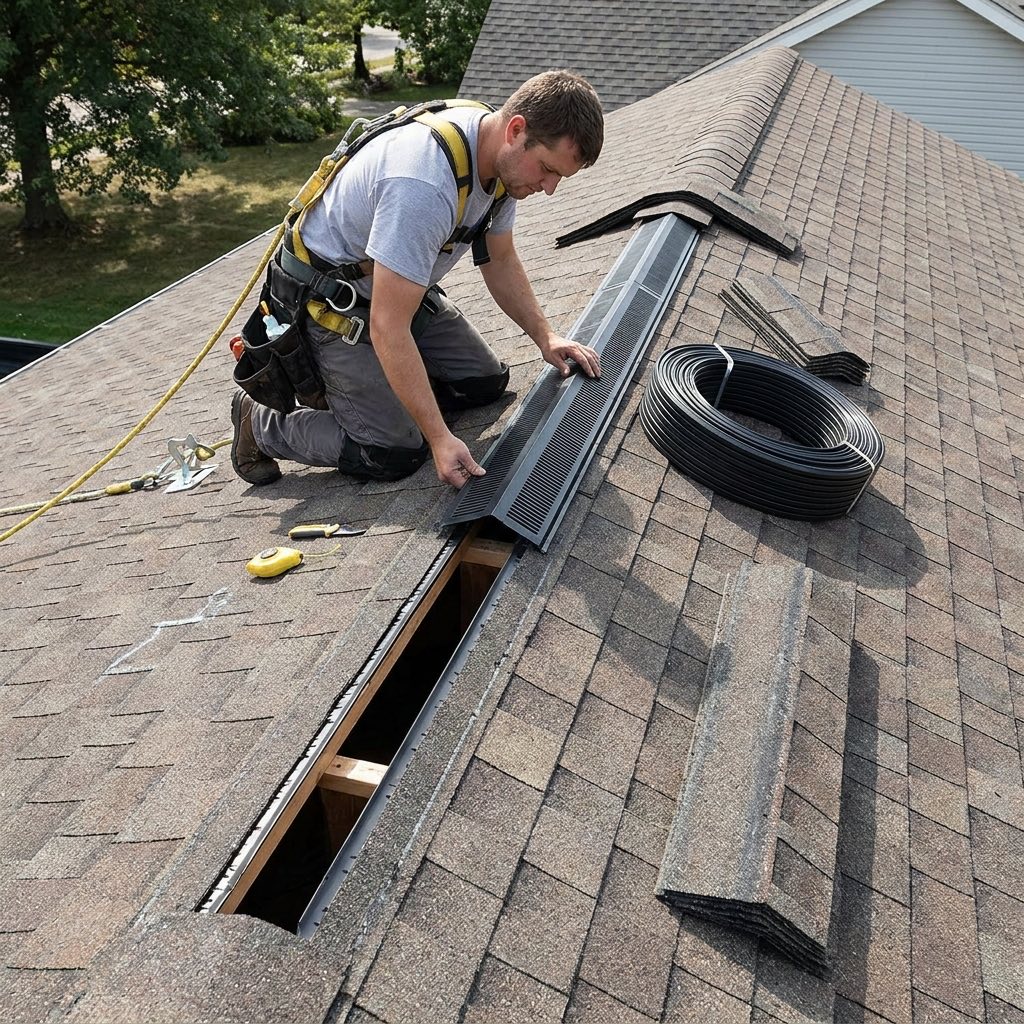 Continuous ridge vent being installed along an asphalt shingle roof peak