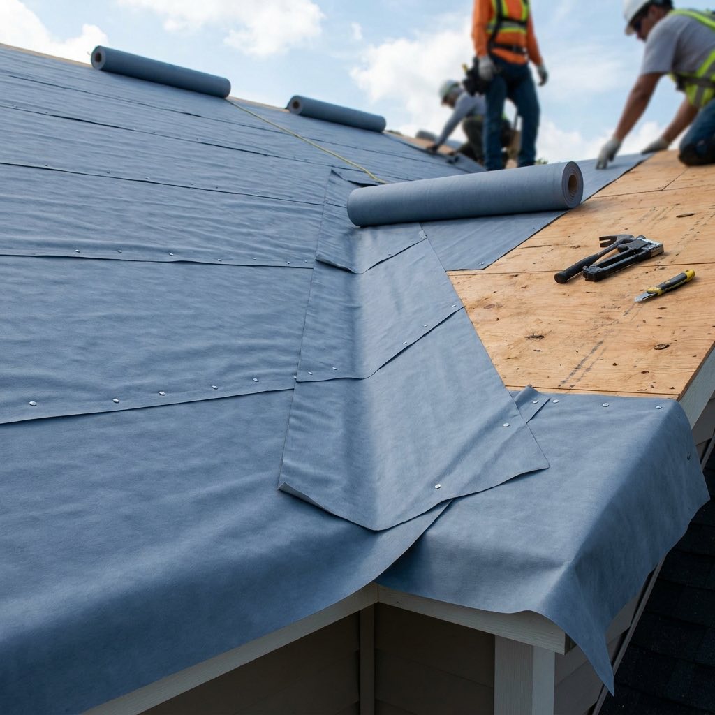 Synthetic roof underlayment being installed over a residential roof deck