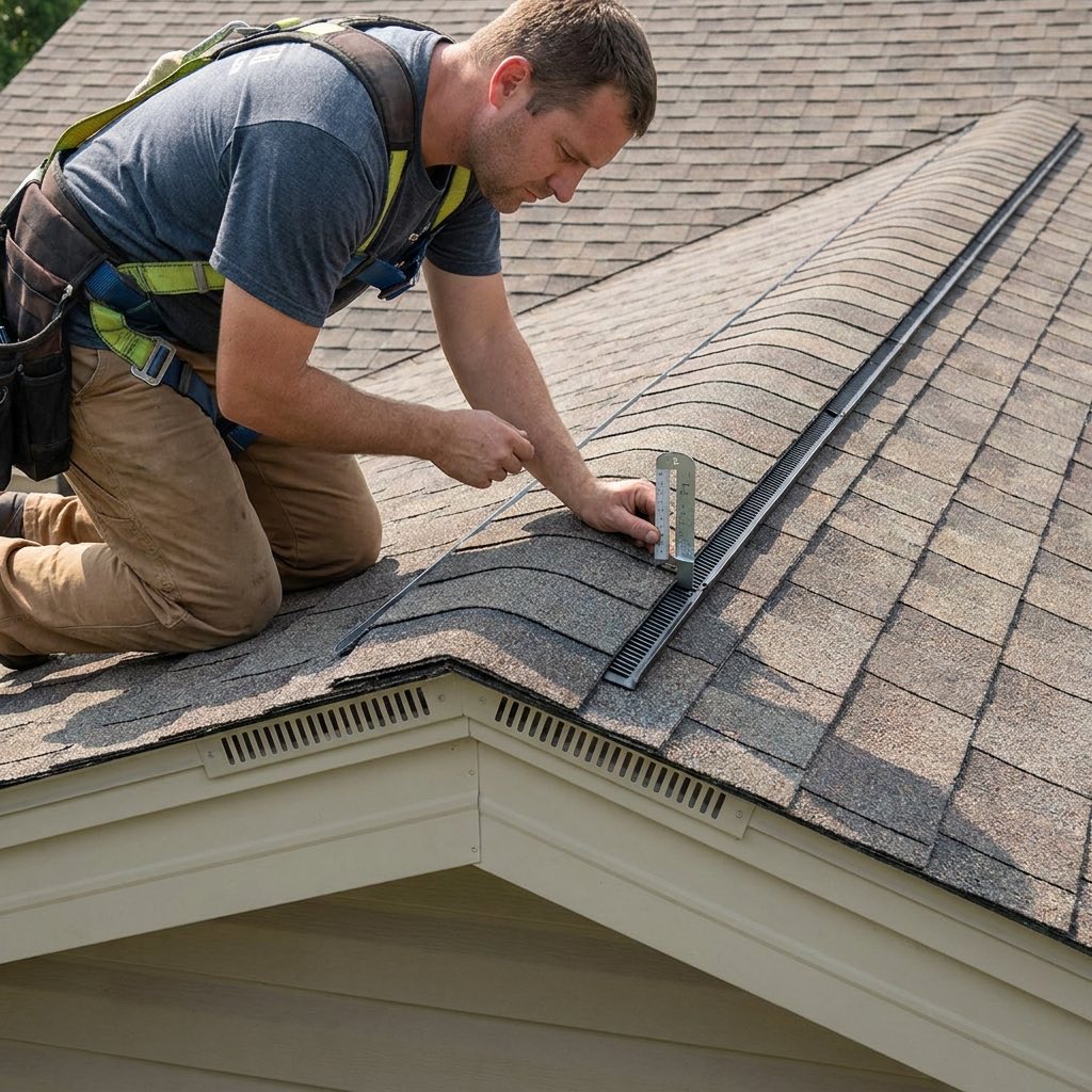 Roofing professional working on a residential roof ventilation system