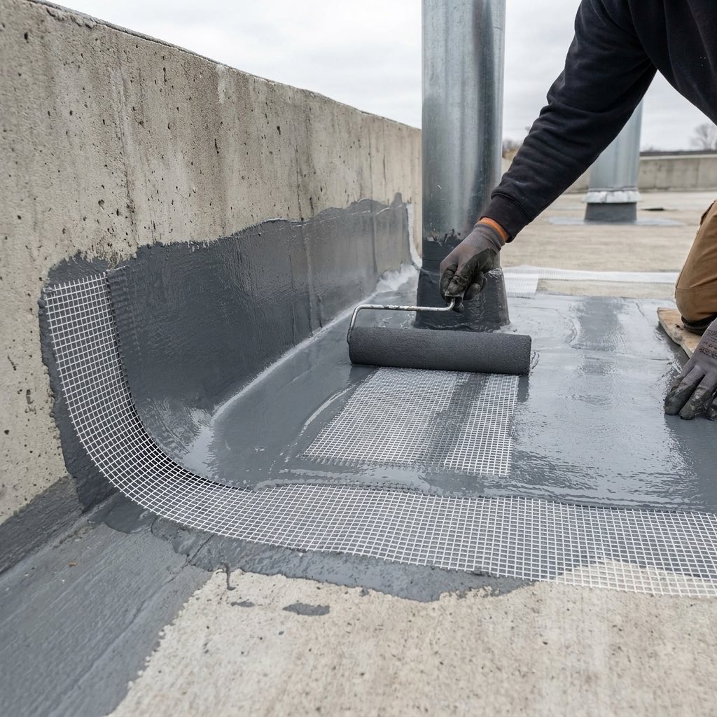 Reinforced waterproofing being applied at a commercial roof parapet and penetration