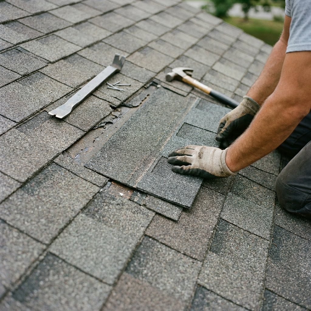 Roofing professional replacing damaged architectural shingles