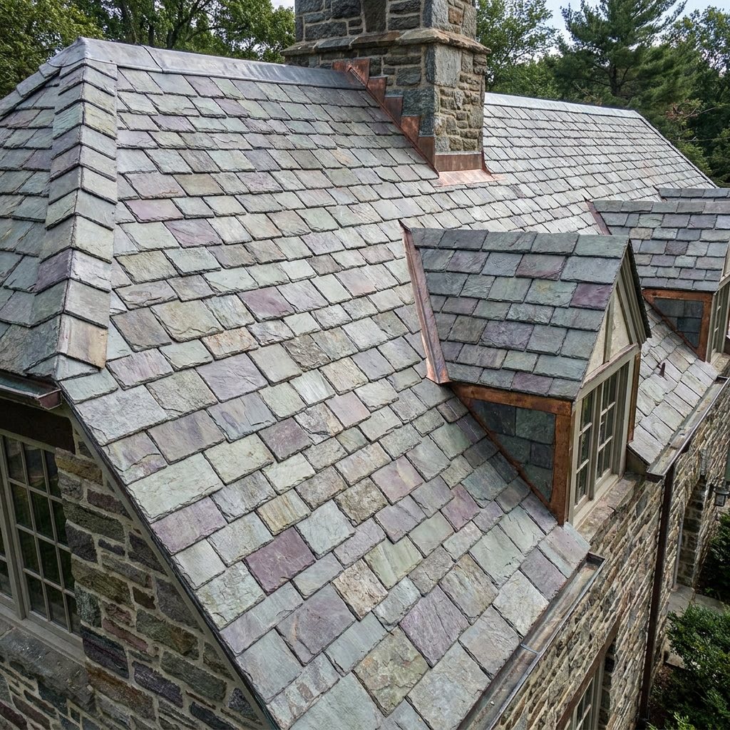 Natural slate roof with copper flashing on a traditional stone home
