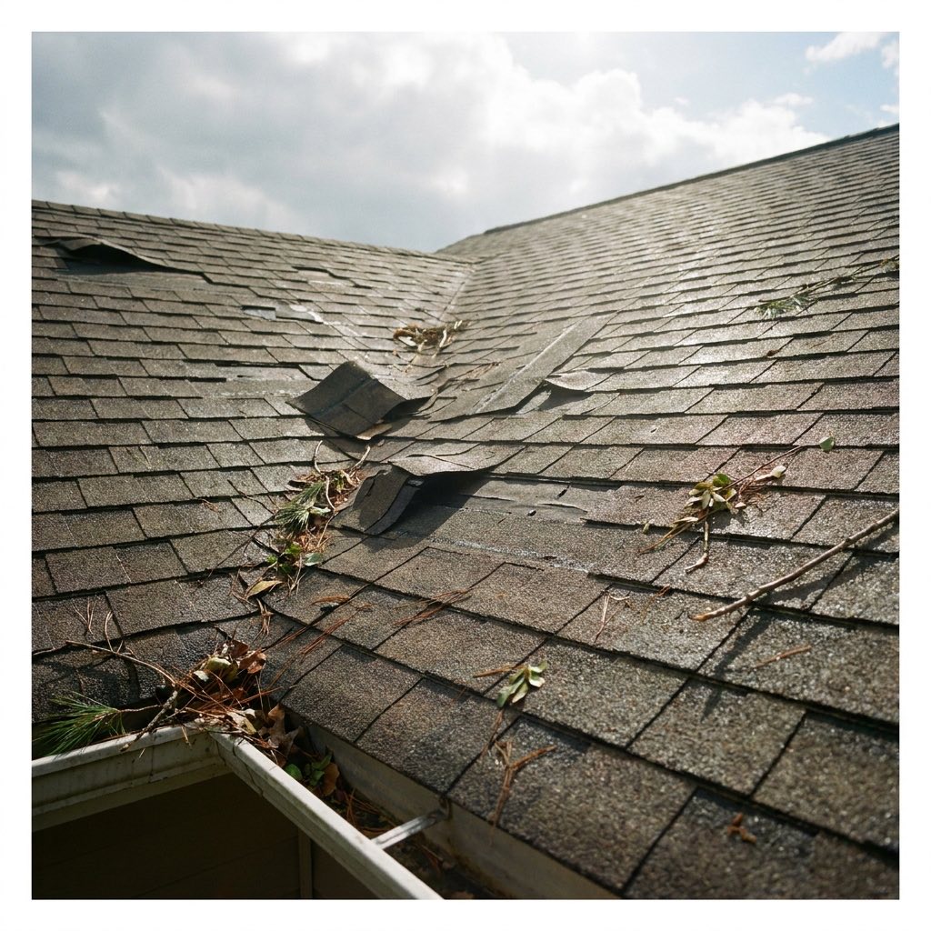 Wind-damaged asphalt shingles and storm debris on a residential roof