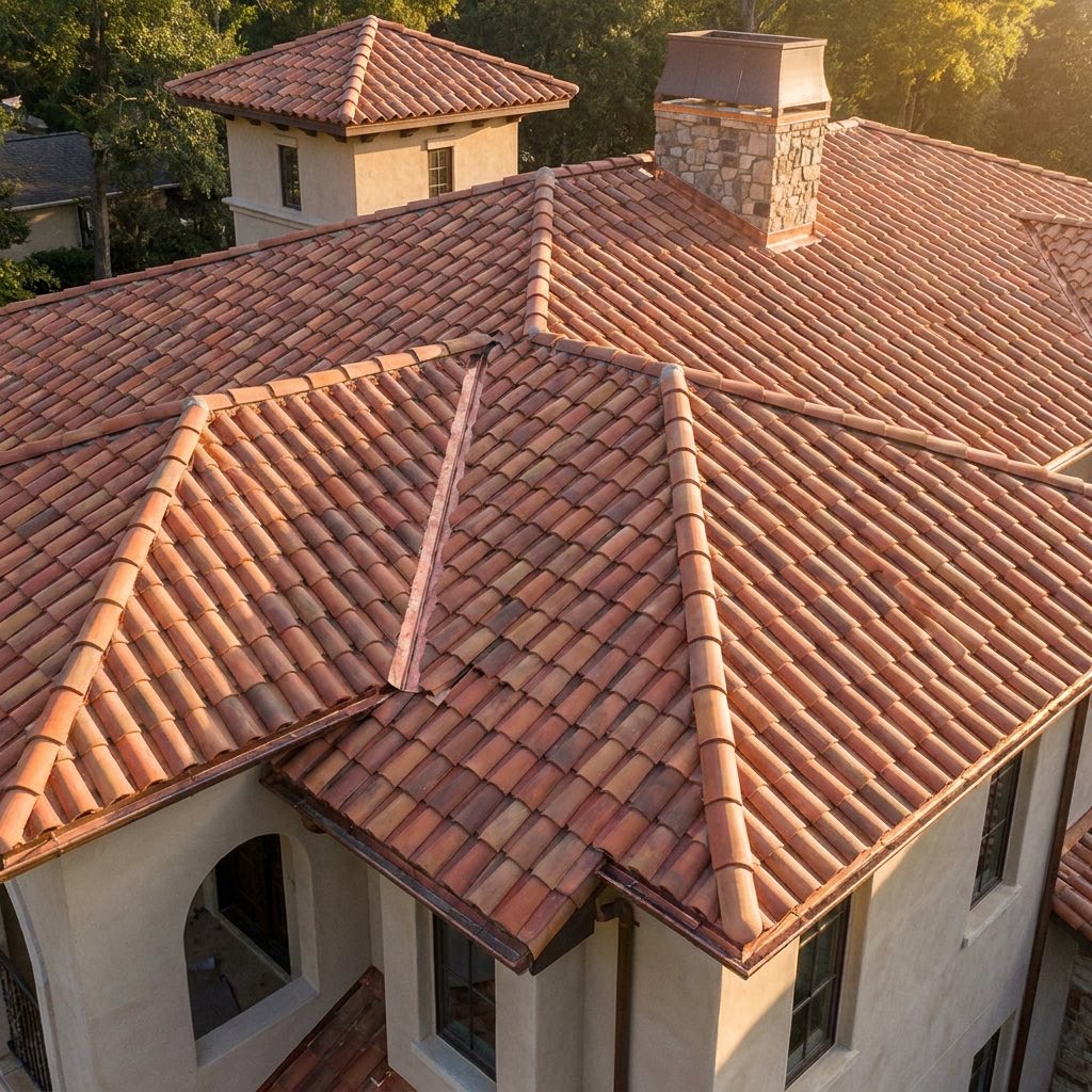 Finished clay tile roof on a Mediterranean-style home