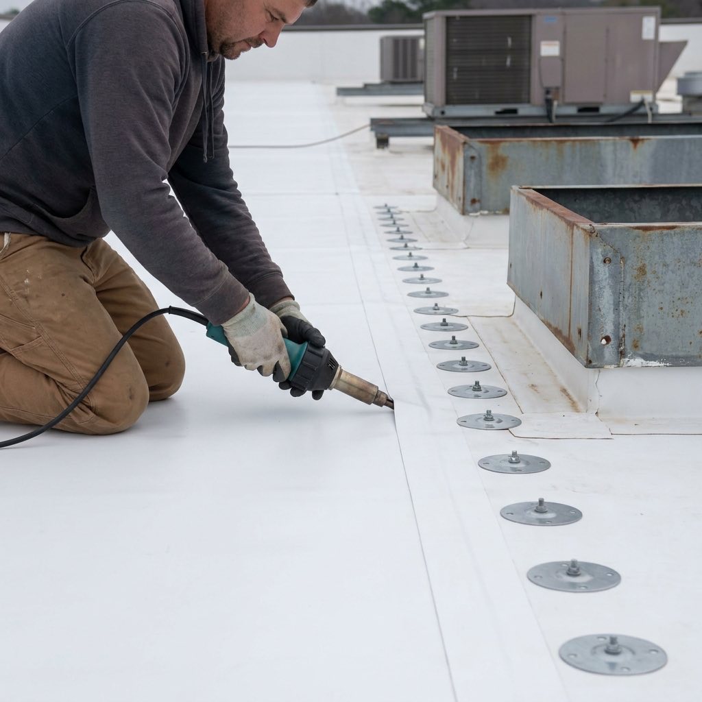Commercial roofer heat-welding a seam on a white TPO roof membrane