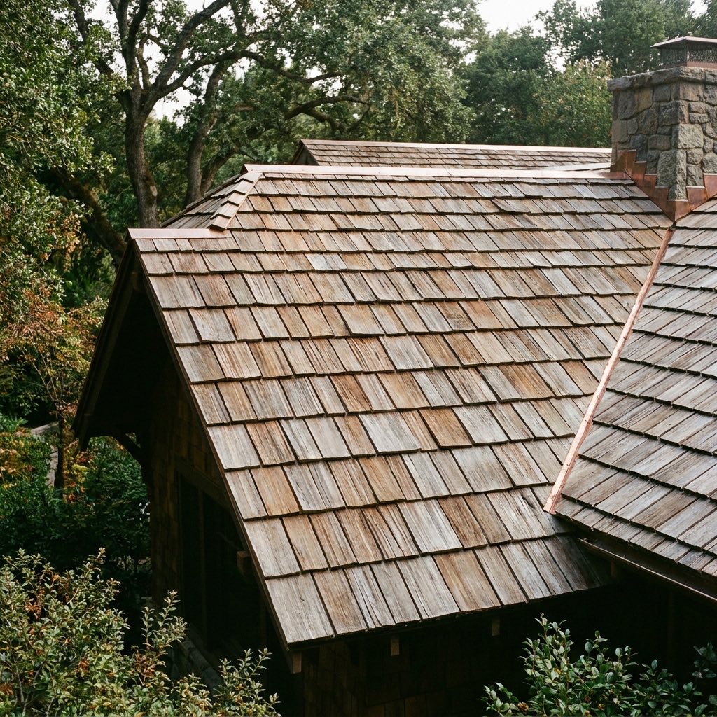Finished wood shake roof on a home surrounded by mature trees