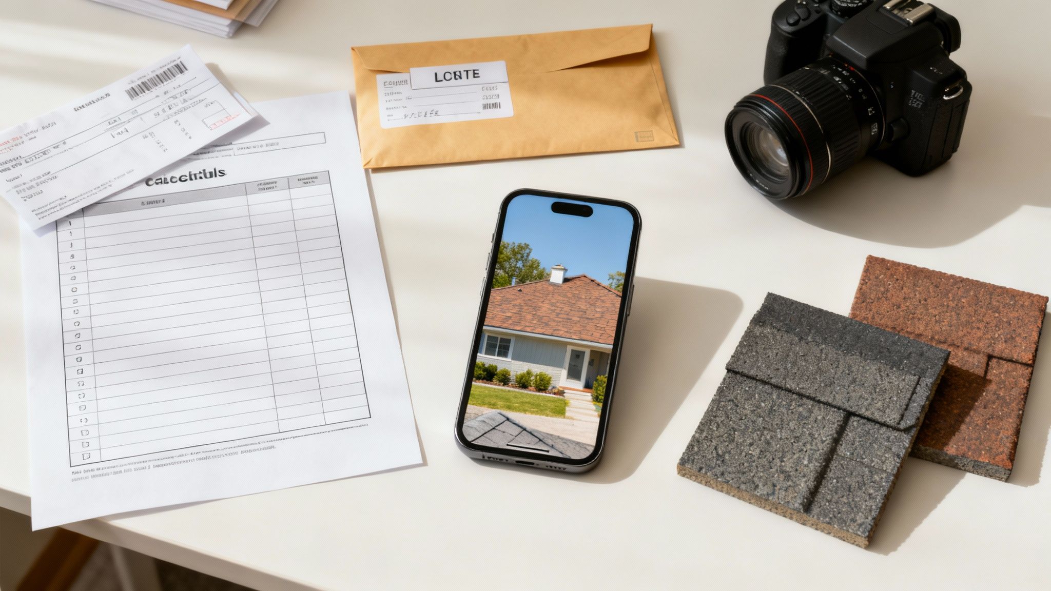 Roof damage insurance claim documentation with house photo, shingle samples, and camera on desk
